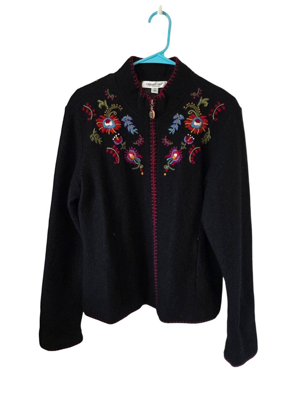 Coldwater Creek Womens Floral Embroidered Boiled Wool Full Zip Sweater Medium